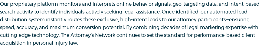 Our proprietary platform monitors and interprets online behavior signals, geo-targeting data, and intent-based search activity to identify individuals actively seeking legal assistance. Once identified, our automated lead distribution system instantly routes these exclusive, high-intent leads to our attorney participants—ensuring speed, accuracy, and maximum conversion potential. By combining decades of legal marketing expertise with cutting-edge technology, The Attorney’s Network continues to set the standard for performance-based client acquisition in personal injury law.