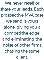We never resell or share your leads. Each prospective MVA case we send is yours alone, giving you a competitive edge and eliminating the noise of other firms chasing the same client.